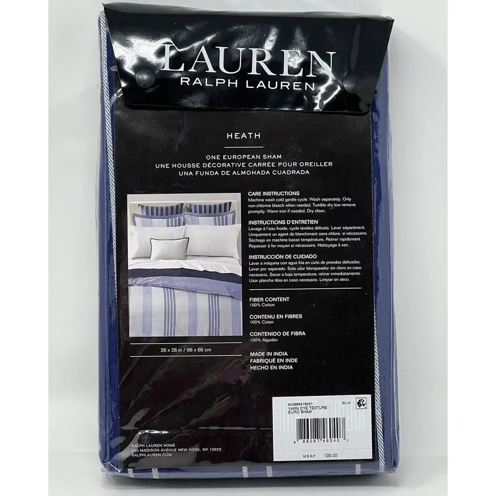 Ralph Lauren Blue Euro Pillow Sham Heath Yarn-Dyed Texture Stripe 26” X 26” (1)